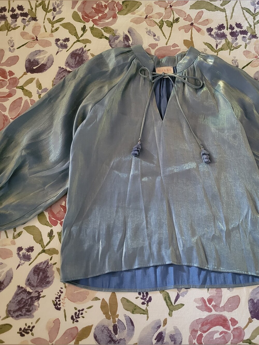Ciebon Teal Blouse with Metallic Gold Sheen and Tassel Tie - Picture 9 of 12